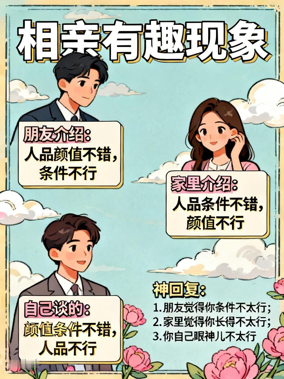 您各位给评评是不是这么回事儿？
相亲到最后，你会发现一个有趣的现象：
1、朋友给
