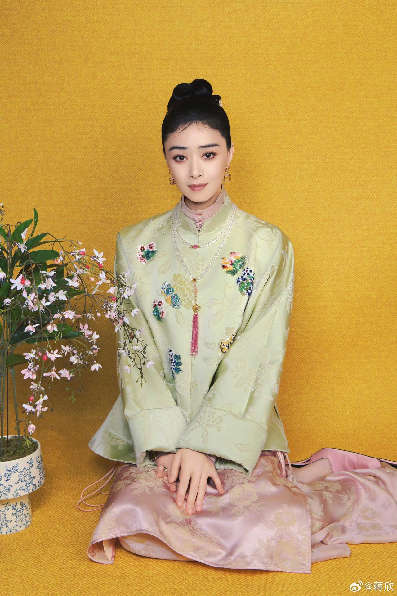 蒋欣新中式写真韵味拉满！浅绿绣花上衣，古韵感太绝了

蒋欣是公认的实力派，华妃、