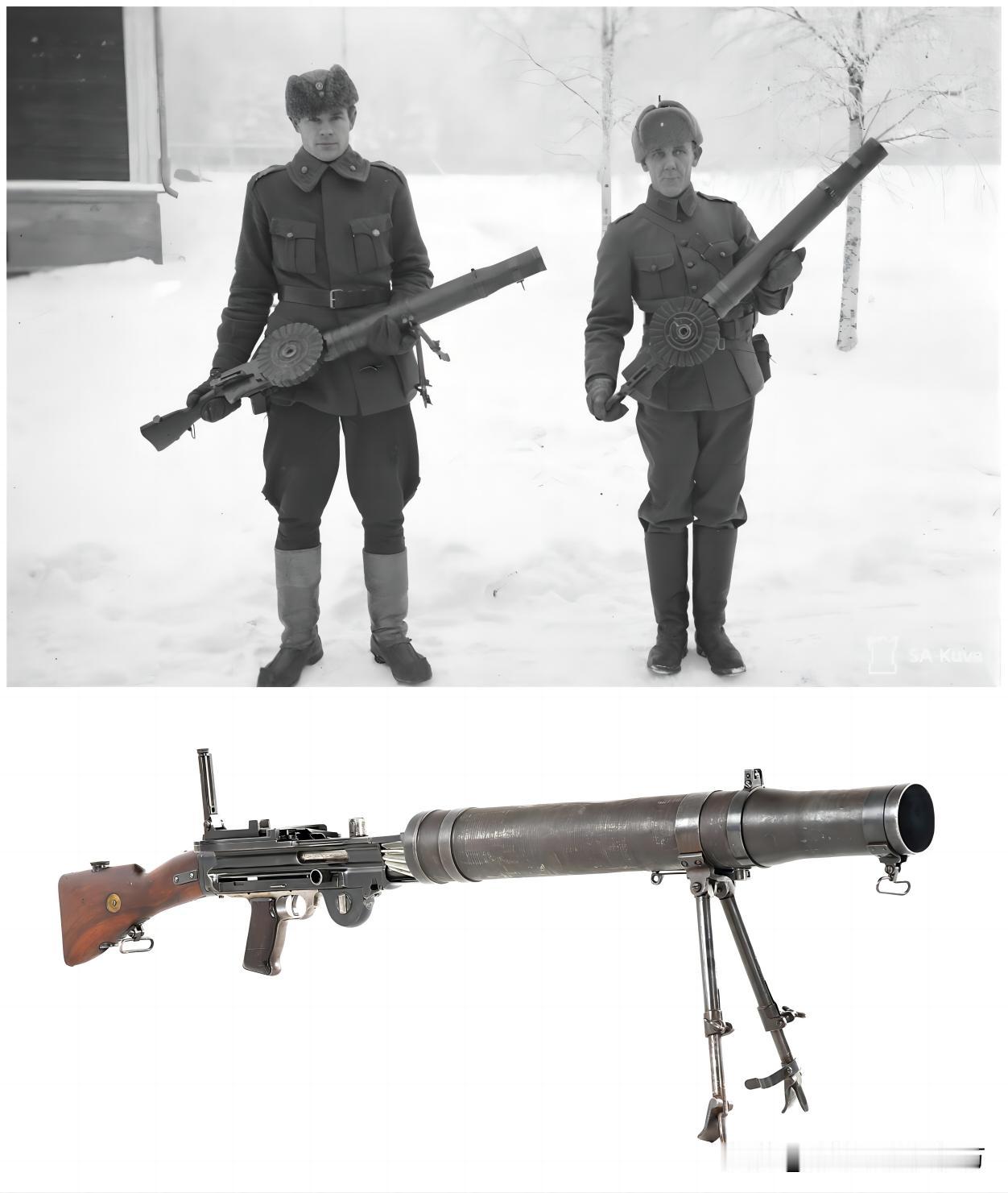 1939年12月，苏芬战争。芬兰士兵展示刘易斯轻机枪，其中一挺机枪没有枪托，不知