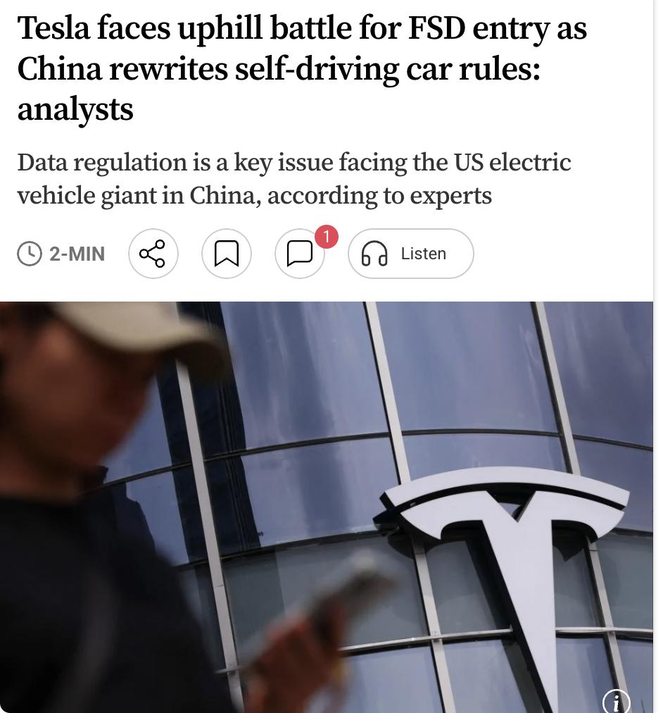 外媒：特斯拉在中国推进完全自动驾驶（FSD）面临严峻挑战。

尽管特斯拉近期在华