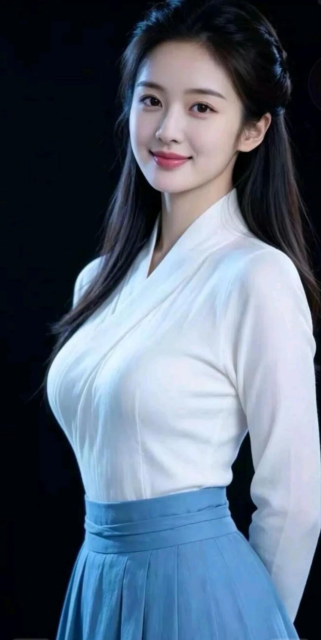 素雅白上衣搭配浅蓝古风襦裙，温婉清秀，一身简约汉服尽显东方古典柔情。
汉服衬衫穿