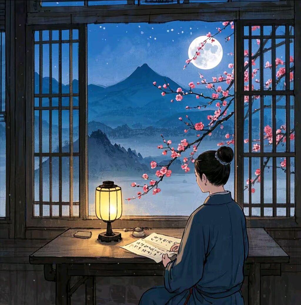 山坡羊·踏雪折梅
寒宵凝寂，
旧情萦忆，
雪天同赴寻梅迹。
汝心痴，我言迟。
红