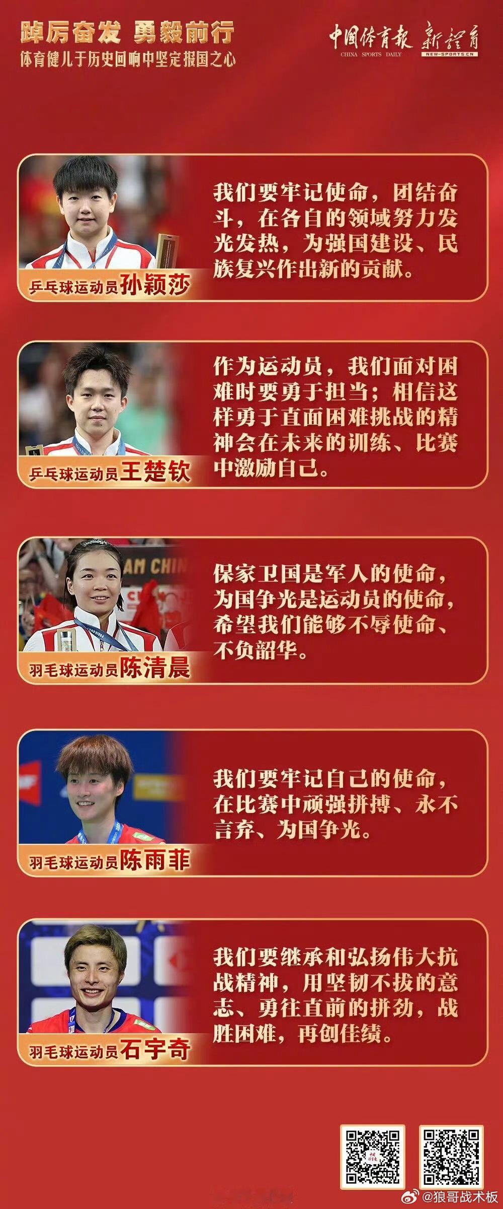 孙颖莎王楚钦郑钦文等阅兵观后感 孙颖莎：“用汗水为祖国争光”，王楚钦：“勇于担当