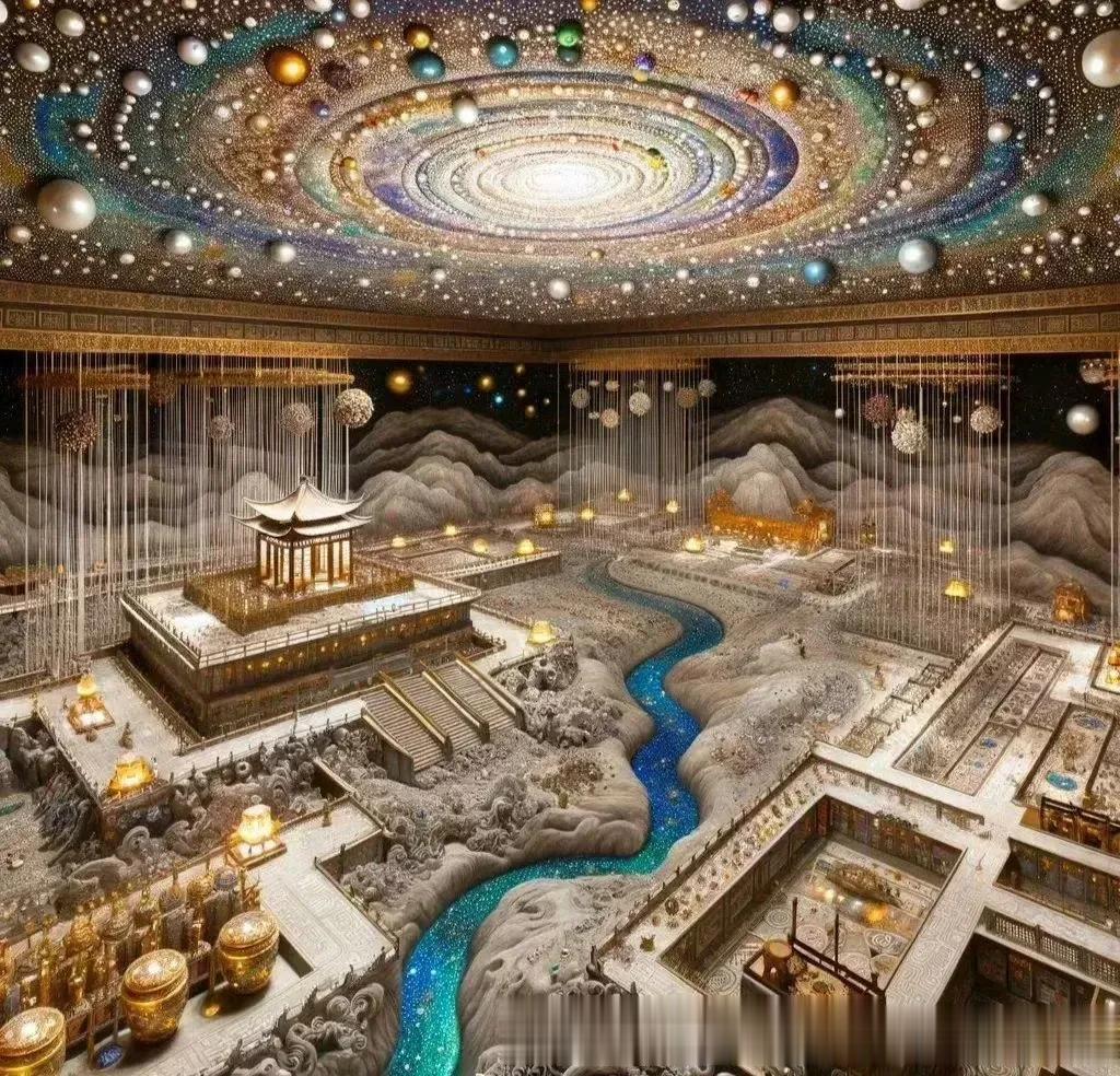 据说是用Ai最新绘制的秦始皇陵内部，
精美绝伦，令人窒息，
图四五， ​棺椁所在