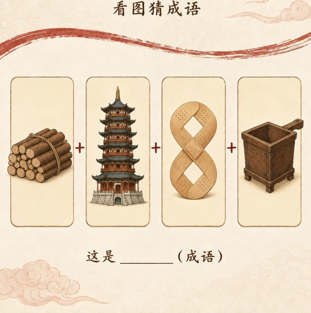  国风看图猜成语：木柴宝塔创可贴木斗，来猜猜