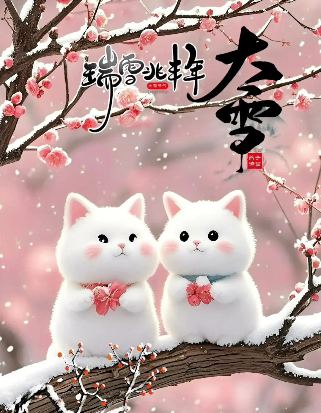 ​大雪纷飞寒渐深，
早安问候暖君心。
愿君添衣身康健，
吉祥如意喜盈门。
大雪安
