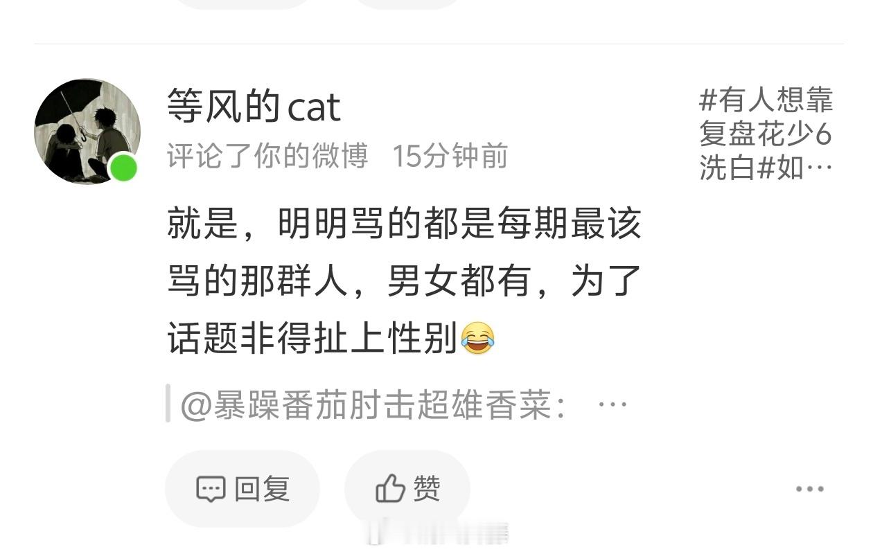 一个颠倒是非黑白的网暴者，伪装正义。不过懂的人都懂，牠就是网暴的一员，还每期都参