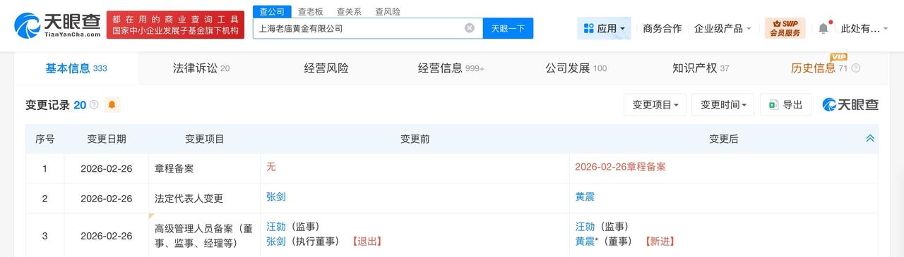 老庙黄金法定代表人发生变更
天眼查App显示，近日，上海老庙黄金有限公司发生工商