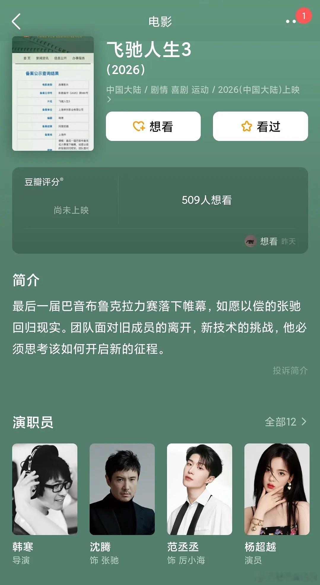 《飞驰人生3》豆瓣更新演员阵容了，女赛车手真的来了。新增了杨超越和梓渝 ​​​