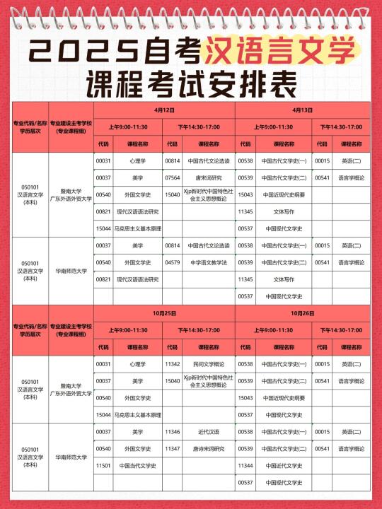 汉语言文学考试安排与课程顶替表