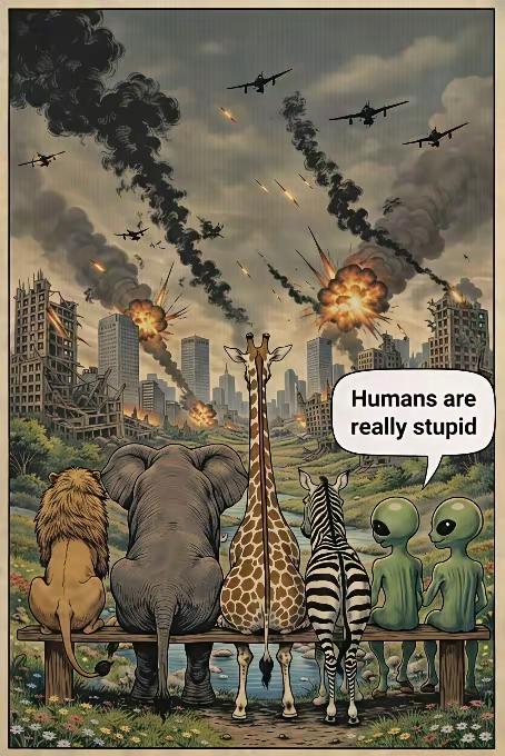 人类真笨，发明了无限升级的战争。脑子是地球上最好用的东西，却偏偏总往最蠢的方向使