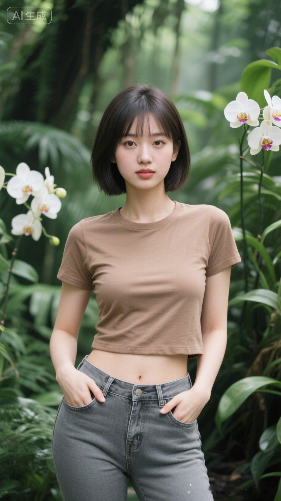 森林中的少女，与白色兰花相映成趣，简约穿搭尽显自然美。
