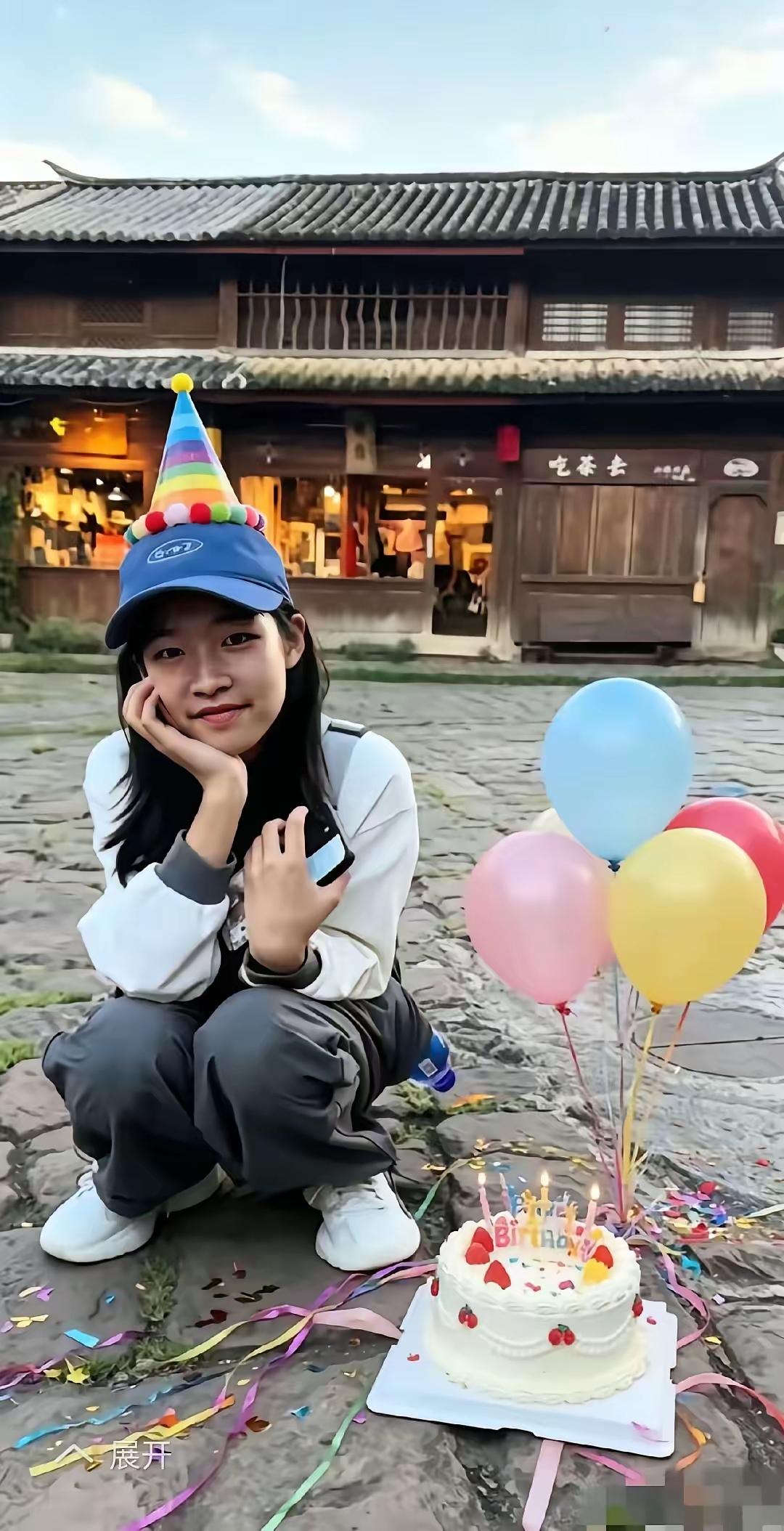 6月24日张姩菡迎来自己的生日，
她跟随母亲来到古镇，
画面里摆放着精致蛋糕与气
