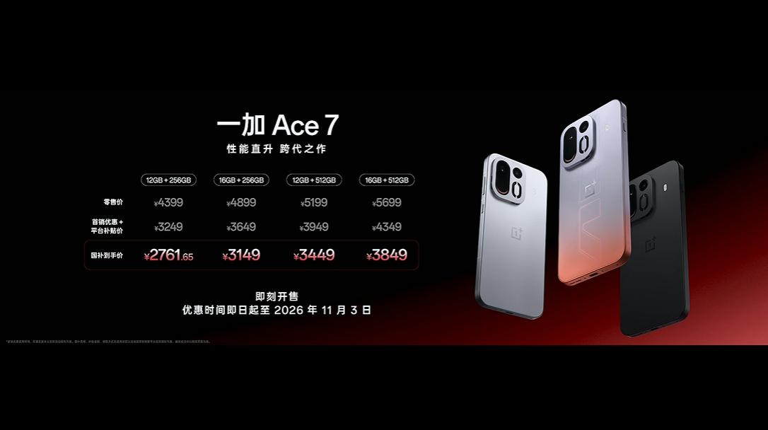 一加Ace 7系列价格来啦
一加 Ace 7 Pro国补到手价3149元起；一加