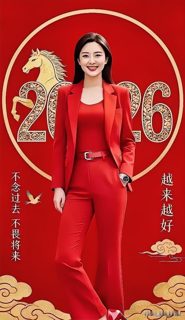 这位年轻的小姐姐身着红色套装，背后的装饰尽显2026年的风格。红色减龄穿搭 红色