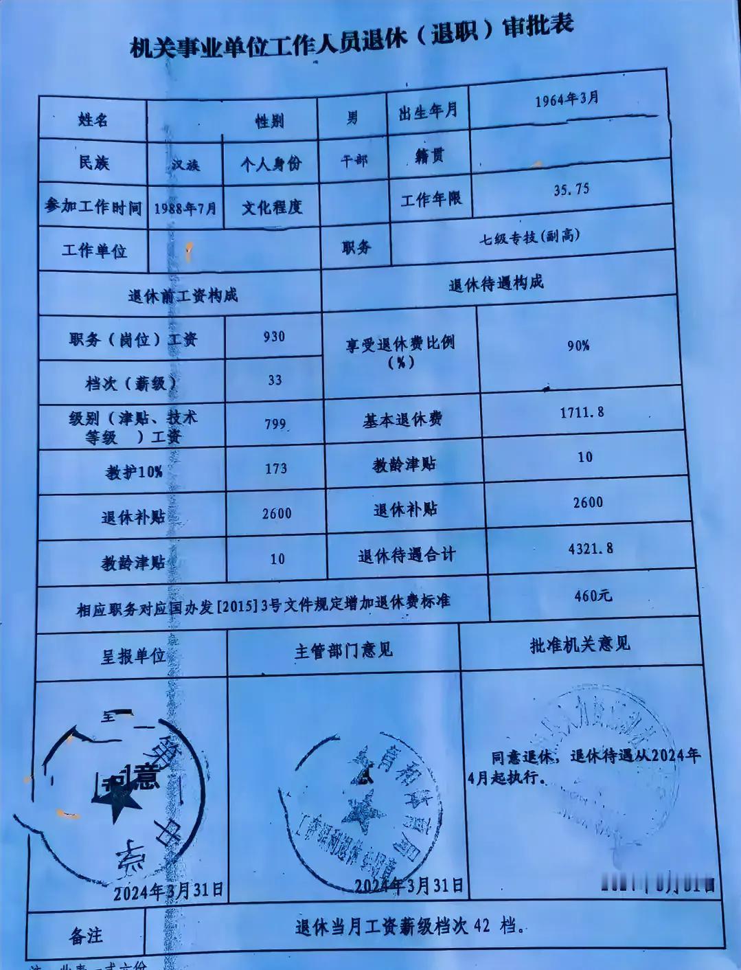 不知道这是哪个省份的机关事业工作人员退休审批表？副高职称怎么才¥4321.8？
