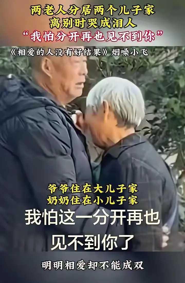 两个儿子相隔千里，这次分别，怕再也难以见面了。
老俩口哭得难舍难分！