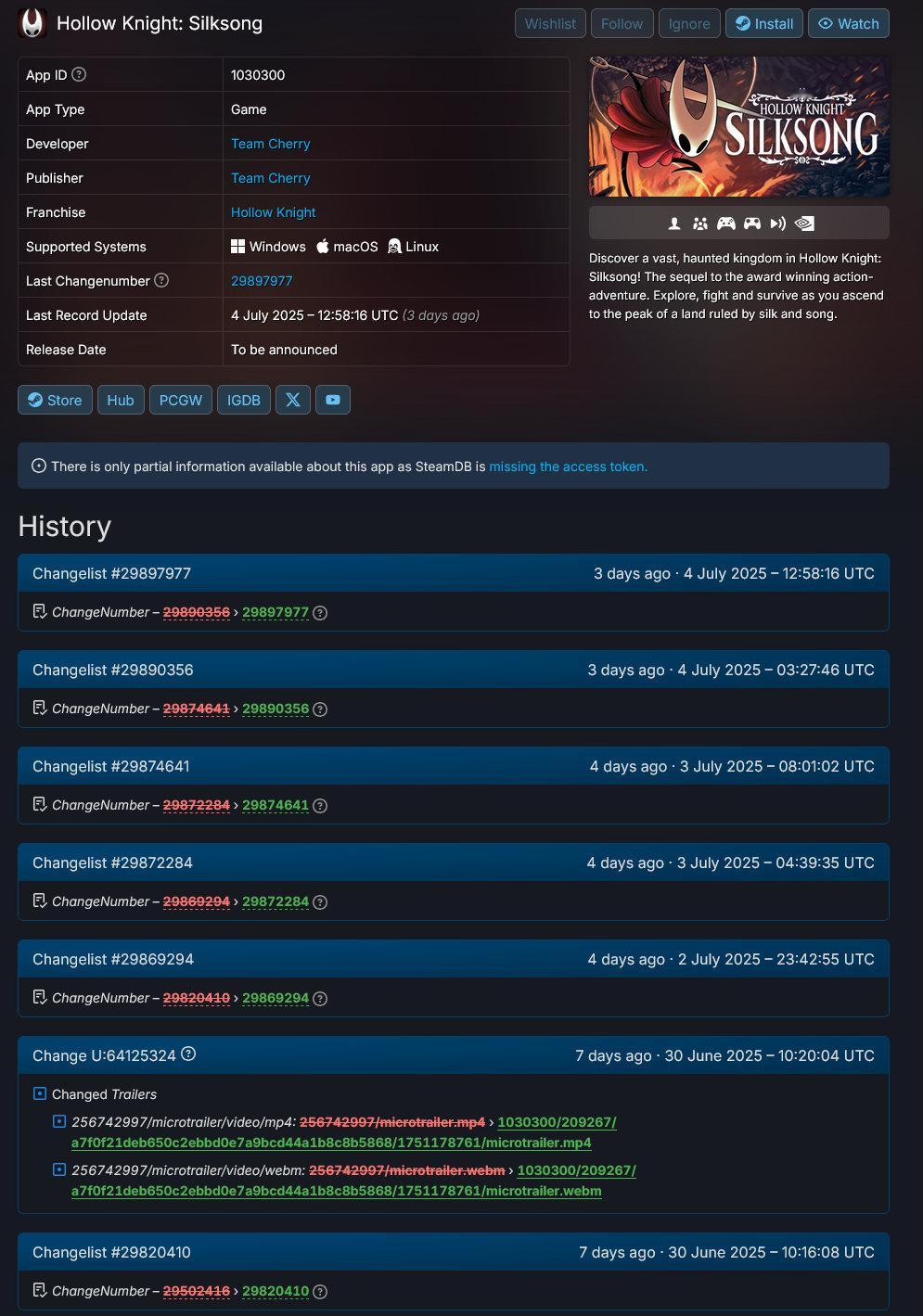 【何时才能更新发售日期啊】据SteamDB，《空洞骑士：丝之歌》在一周内更新了7
