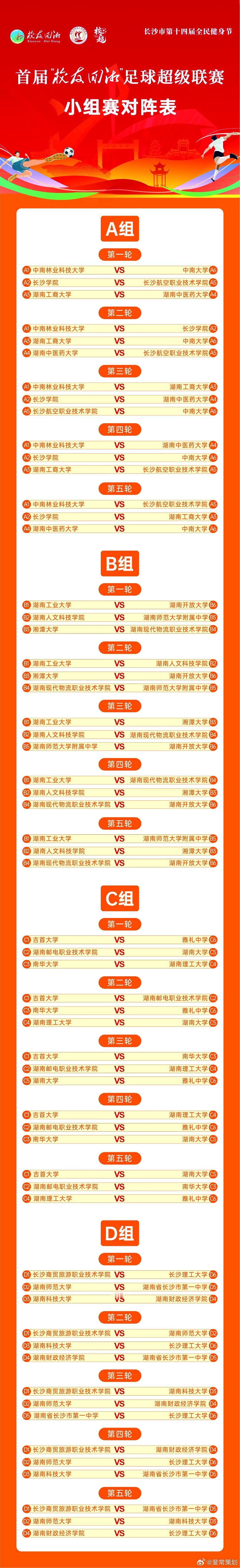 湖南校友回湘足球超级联赛分组抽签仪式之后，各组分组已经完成，小组赛对阵表如下，你