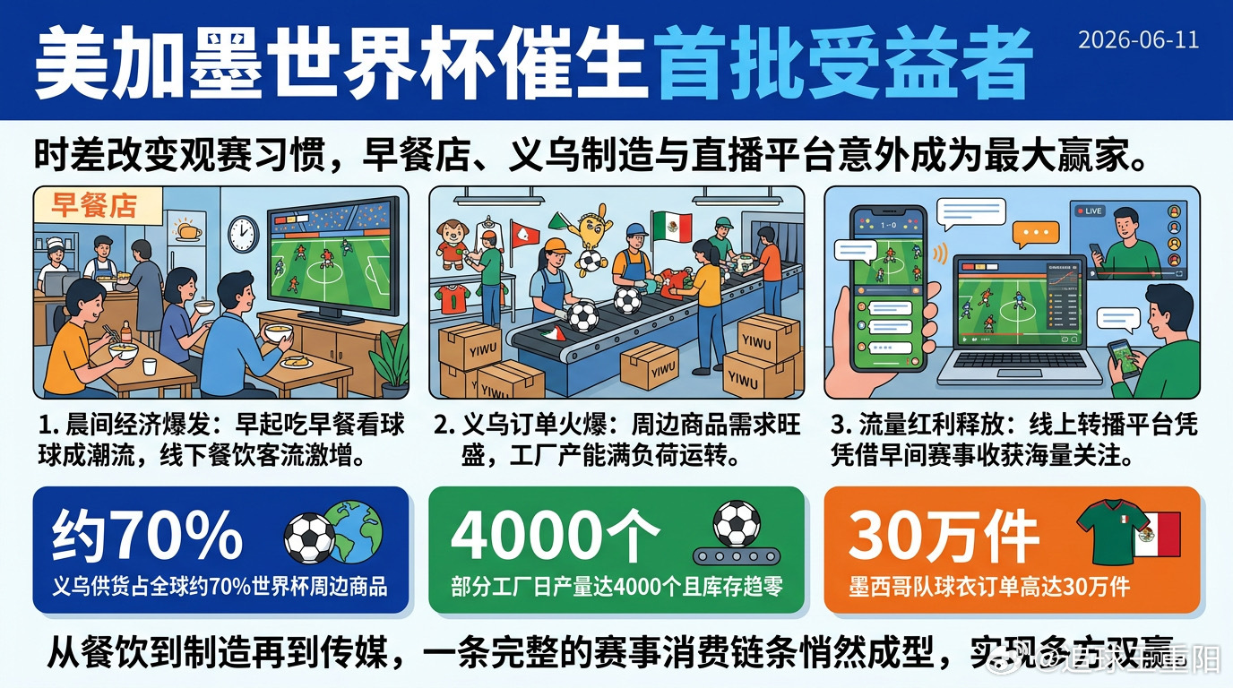 受北美时差影响，本届世界杯催生国内别开生面的“早餐经济”。清晨观赛新场景率先利好