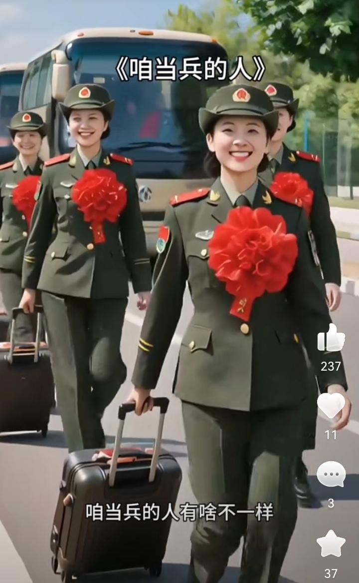 这天，几名姑娘穿上漂亮的绿军装，还戴上了大红花，当上女兵的感觉就是不一样…
女兵