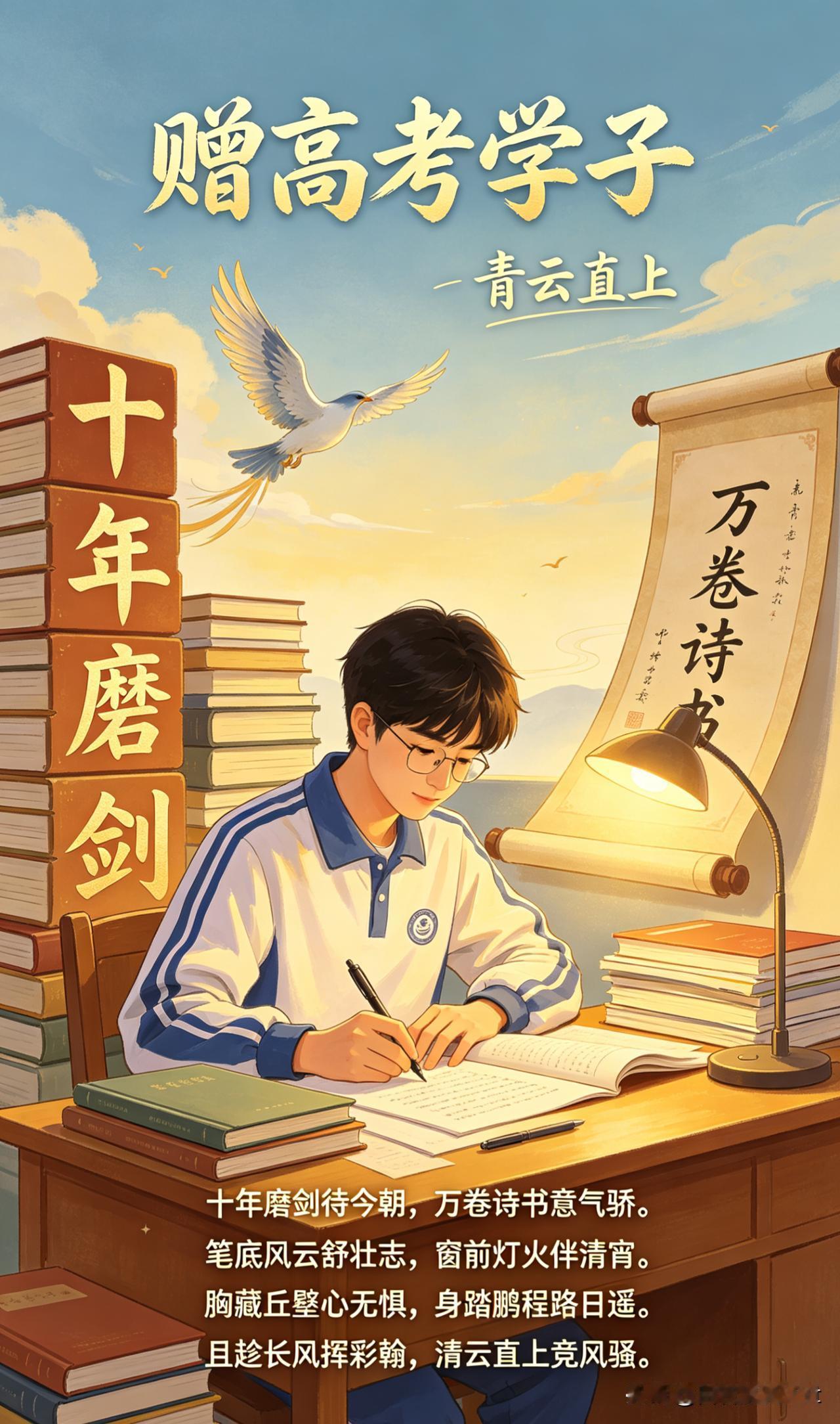 七律·赠高考学子
 
十年磨剑待今朝，
万卷诗书意气骄。
笔底风云舒壮志，
窗前