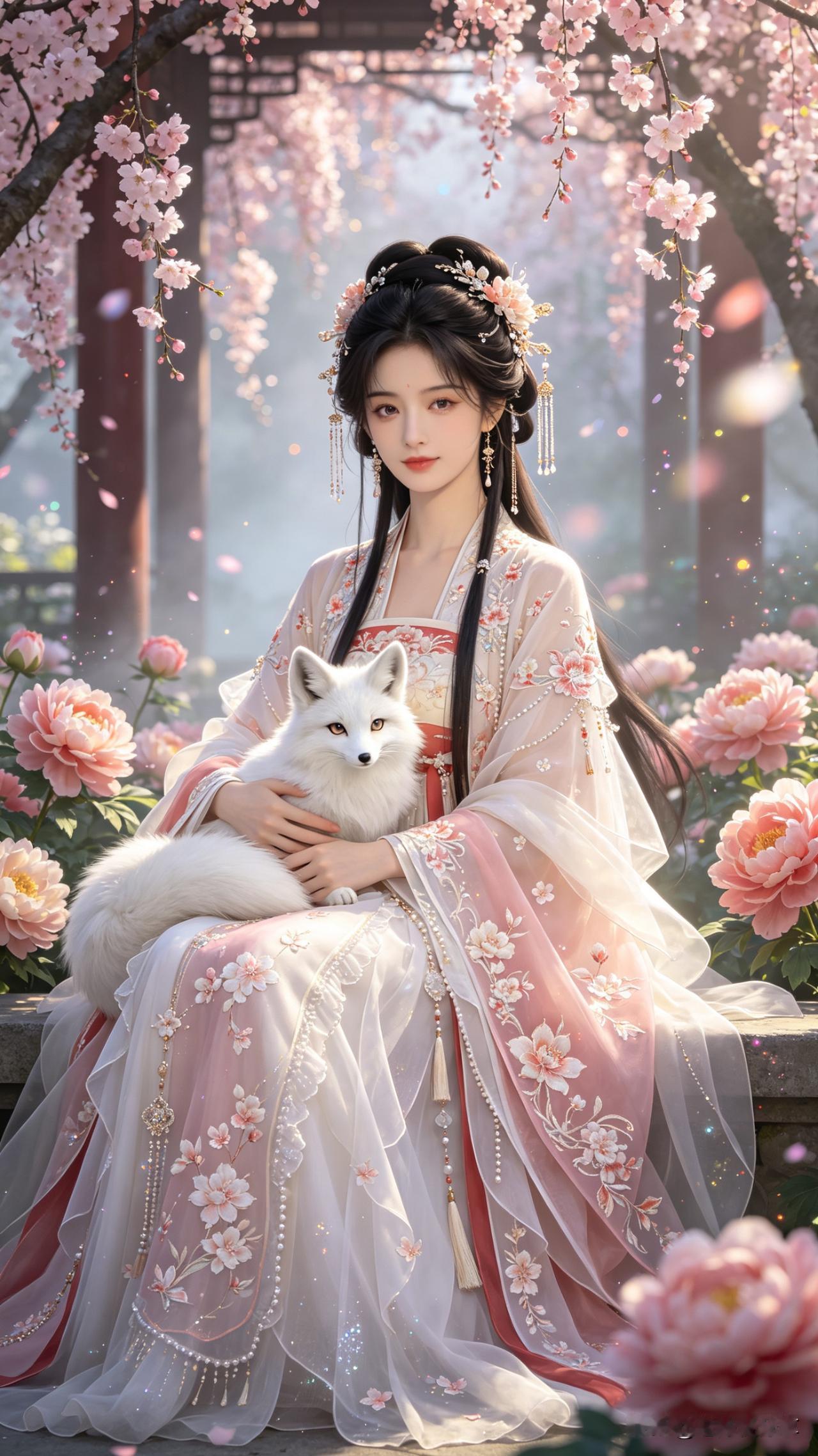 鹧鸪天·花间灵狐

粉蕊垂枝映画堂，佳人端坐试新妆。
轻纱漫舞流云色，白狐依怀亦