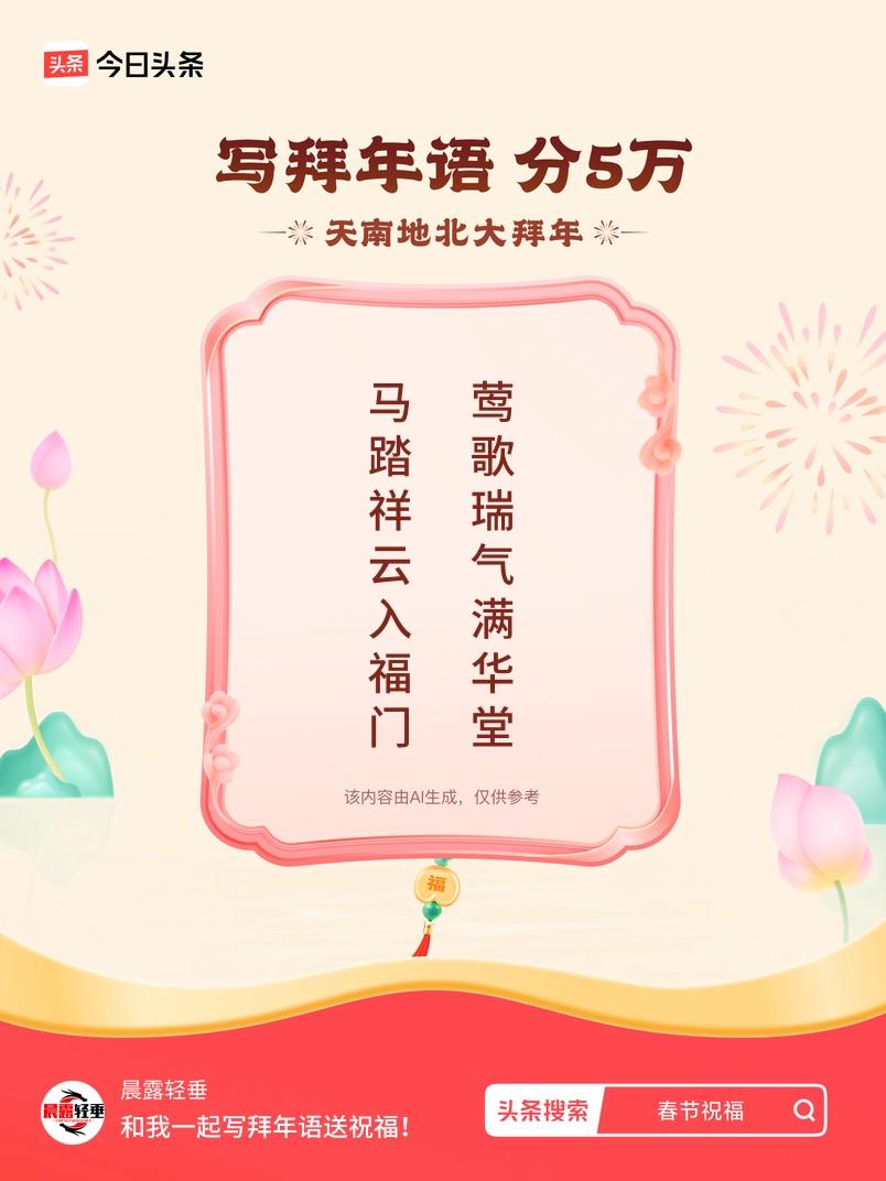 写拜年语送祝福新春拜年送祝福！我的祝福是：“马踏祥云入福门，莺歌瑞气满华堂”！快
