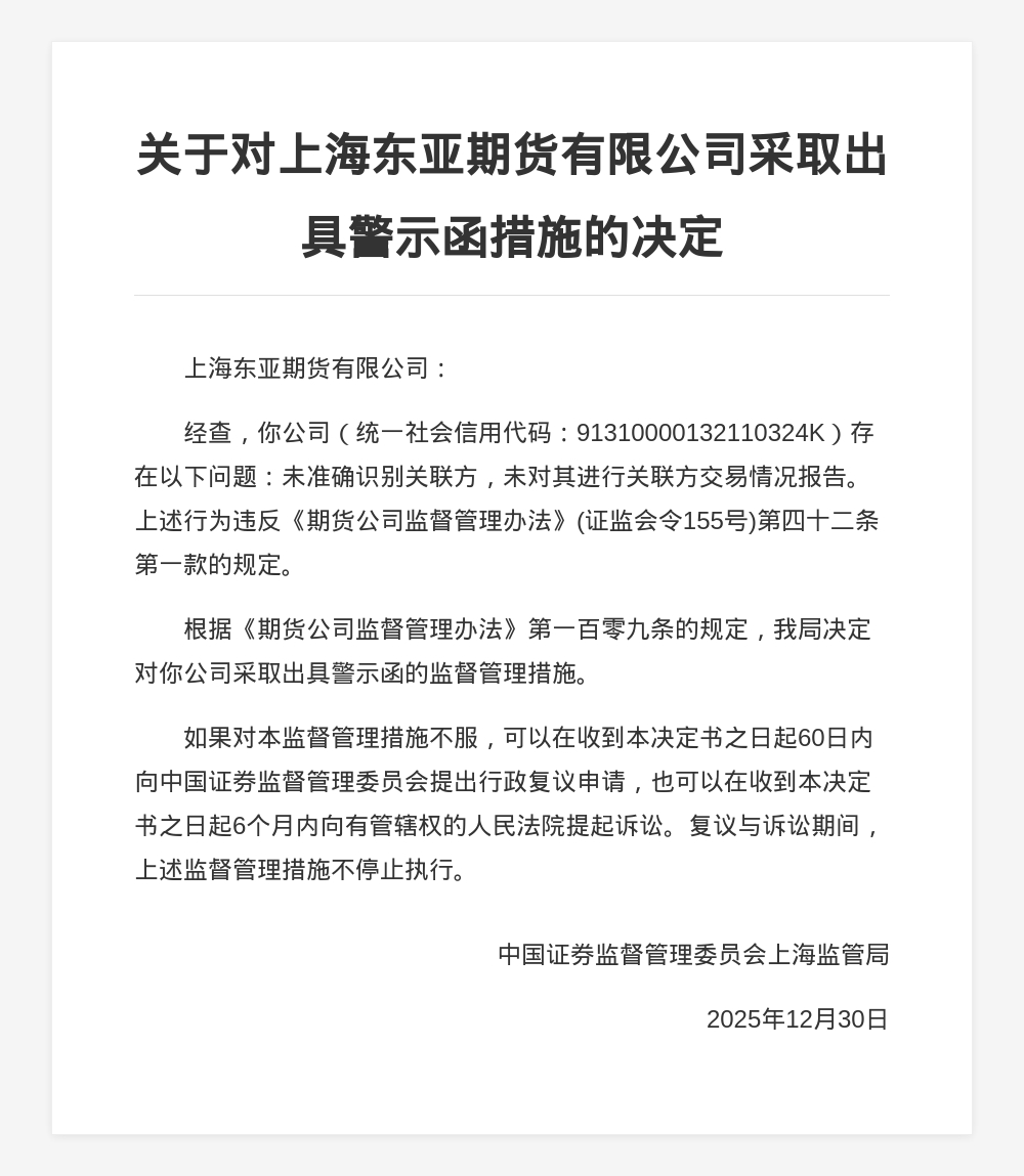 上海东亚期货被出具警示函，涉未准确识别关联方等