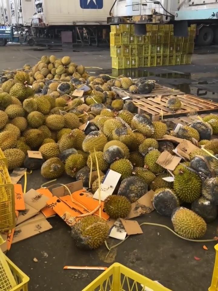 嘉兴水果市场海广兴进口区，有商家进口了一车榴莲，结果遭遇梅雨天气，大部分都发霉了