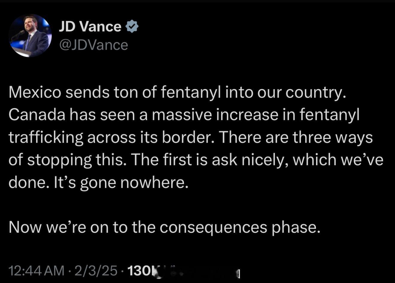 JD Vance：墨西哥向我们的国家运送了大量芬太尼。加拿大在其边境上眼睁睁看着