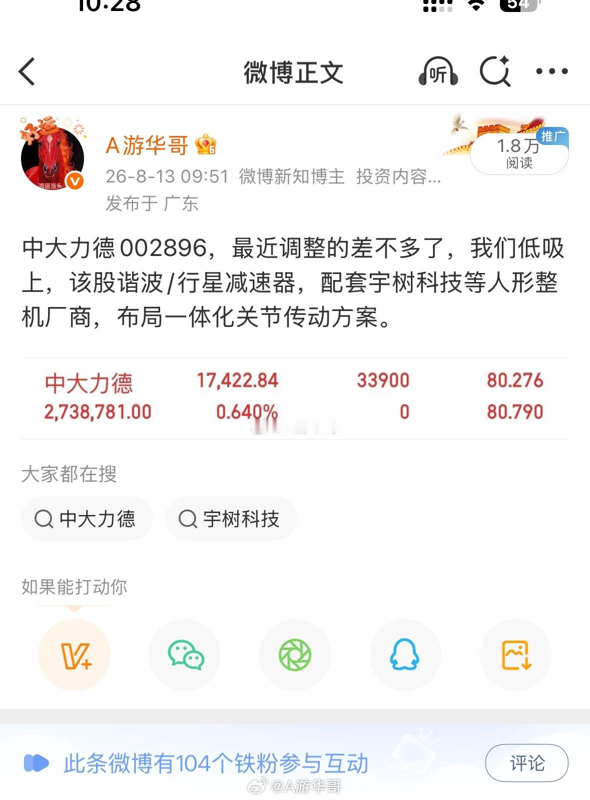 中大力德002896，冲击8个多点回落下来，大家可以止盈走了，给了大家吃肉！大家