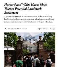 哈佛大学与特朗普政府即将达成和解
据四位知情人士透露，哈佛大学和特朗普政府即将达