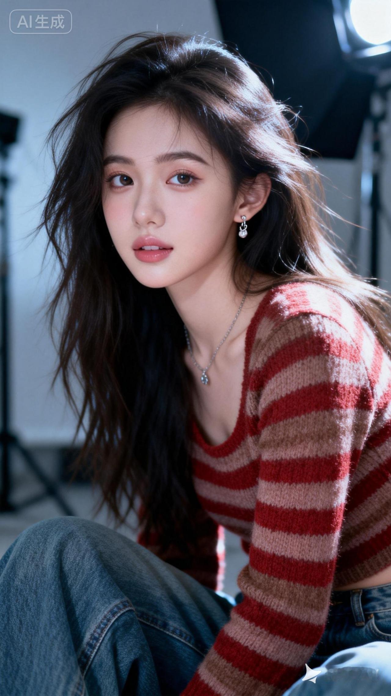 温柔甜美的少女，红白条纹毛衣，自然光线下拍摄，清新自然。