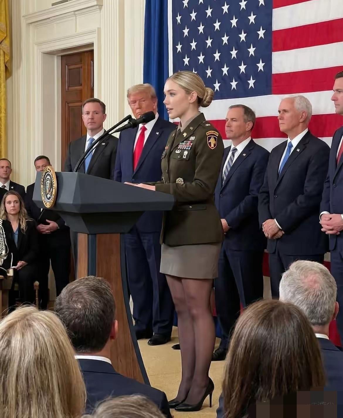 这位美国女军方高层，真是不简单啊。还能站在川普面前发表演讲，证明她的职能地位，还