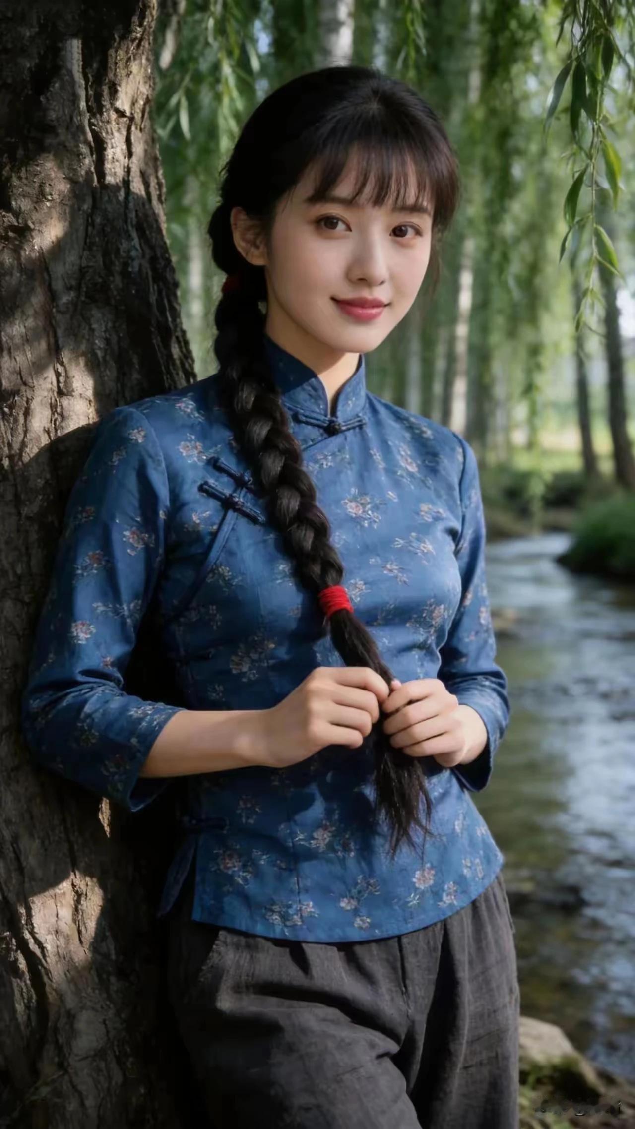 手捋麻花辫，
独自倚树站。
含笑目望远，
盼哥早日还。