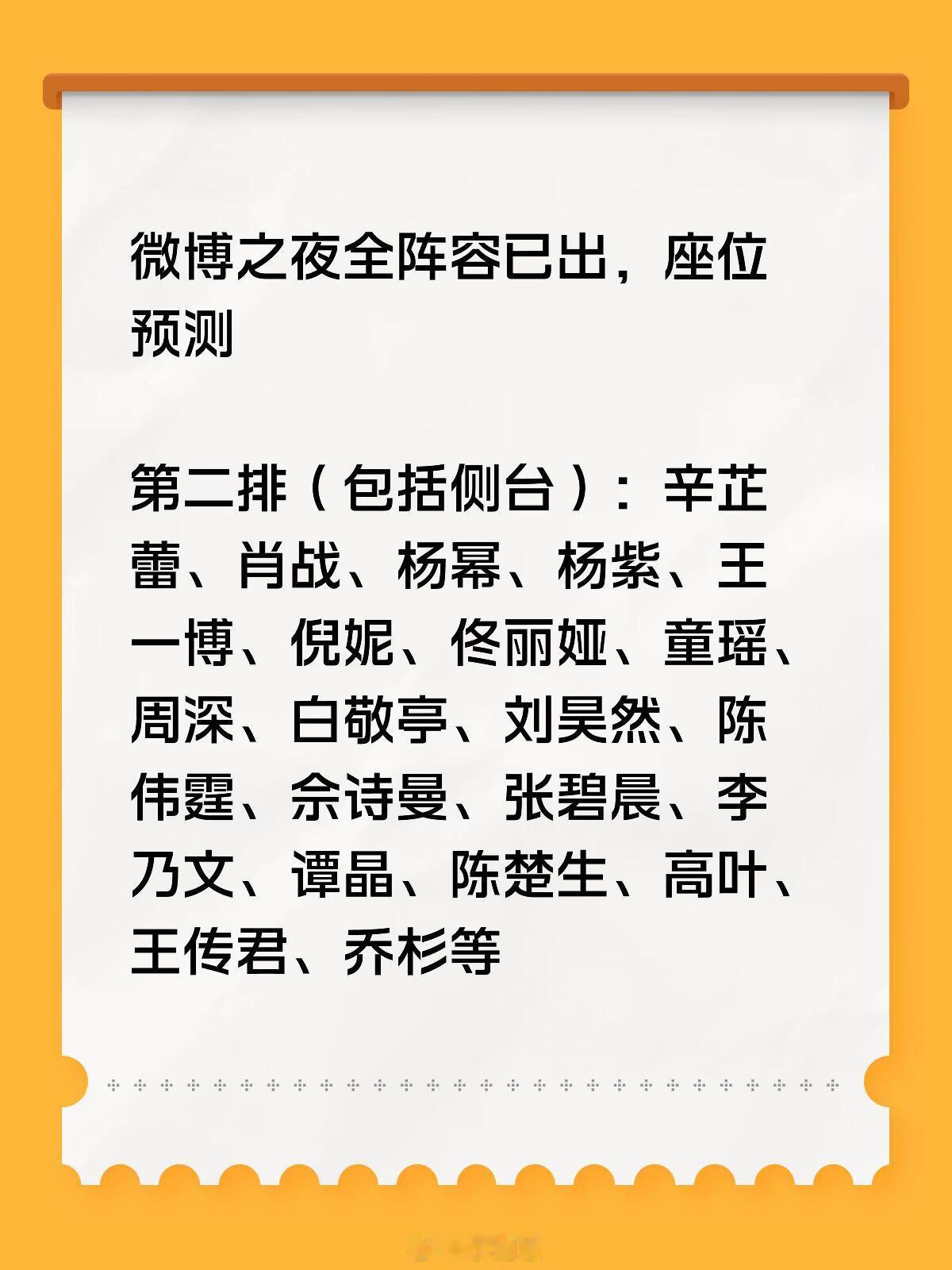 微博之夜全阵容已出座位预测第一排：张艺谋、申奥、李少红、袁和平、吴京、邓超、李宇