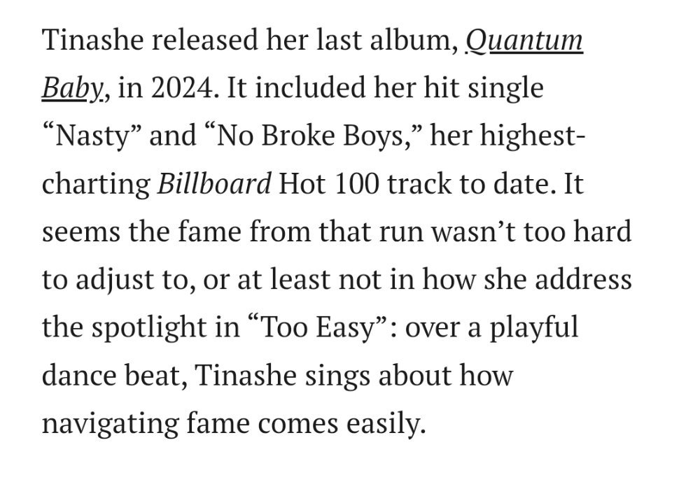 Pitchfork 评价 Tinashe 的新单曲《Too Easy》：面对这两