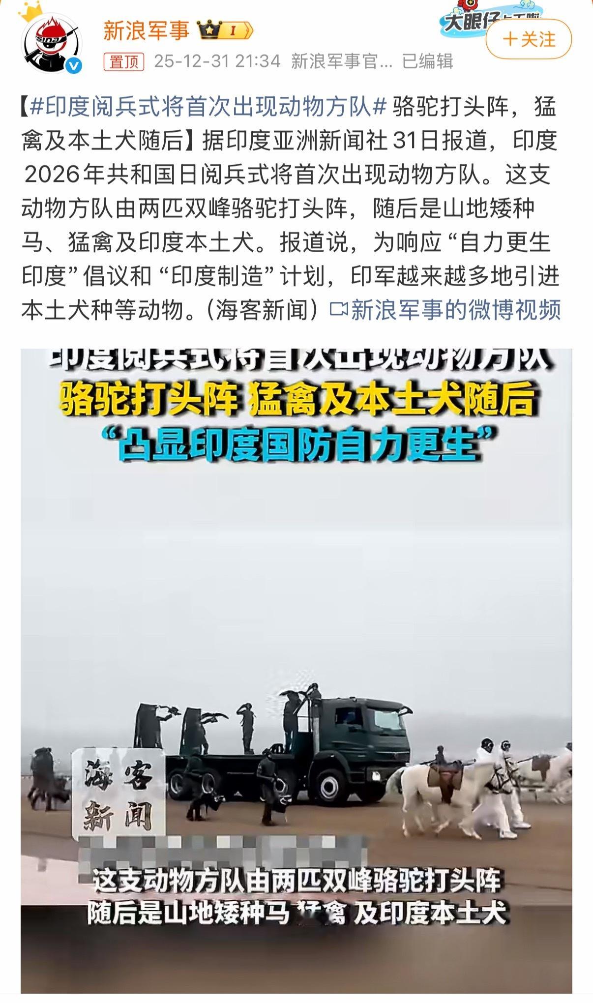 6啊，这很印度。印度阅兵式将首次出现动物方队