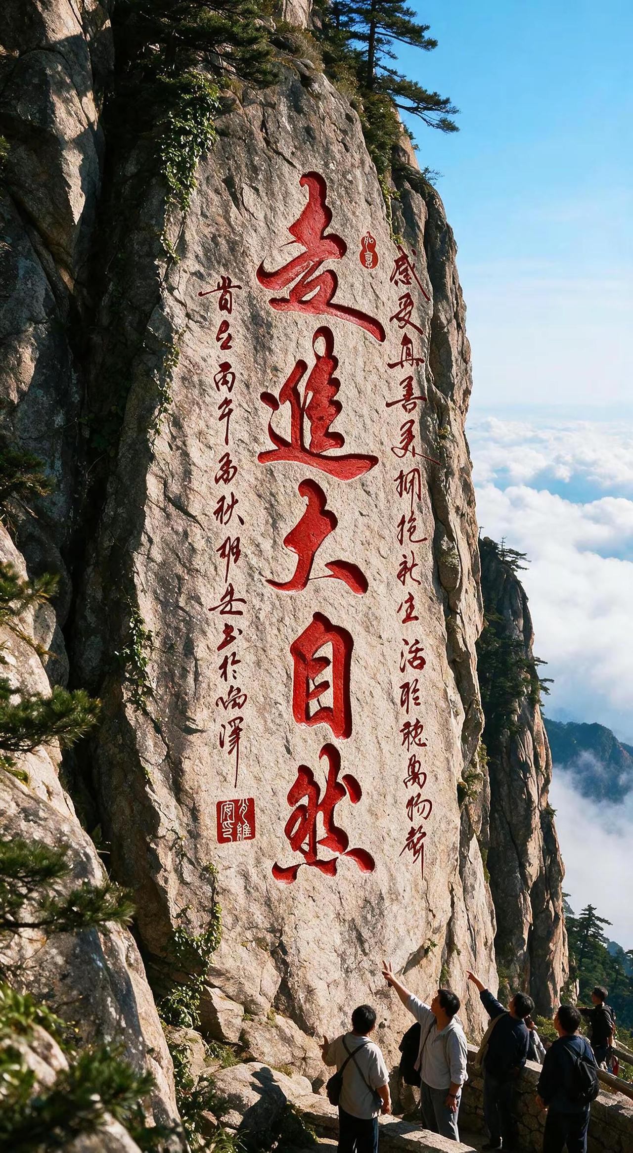 维安原创书法作品。AI红色摩崖石刻感