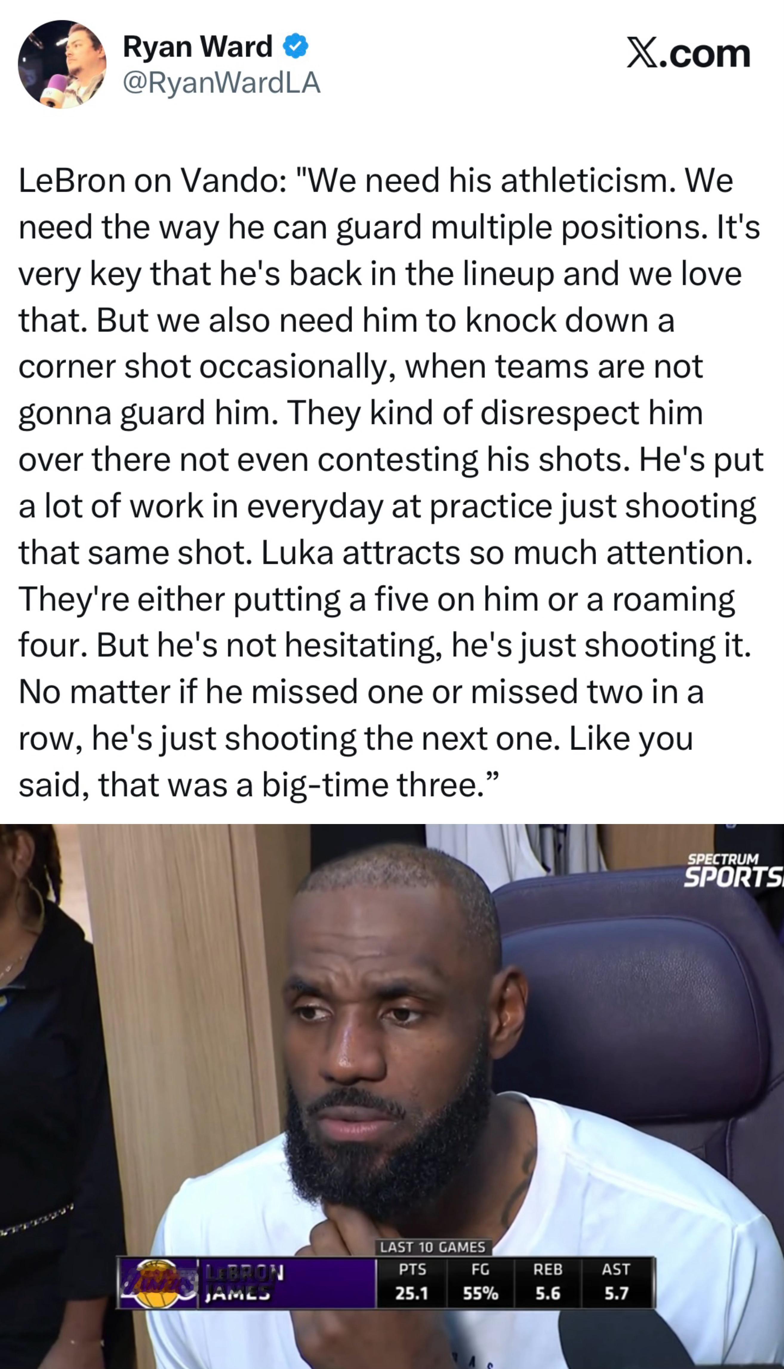 詹姆斯谈及范德比尔特时表示：我们需要他的运动能力，需要他能防守多个位置的全能性。