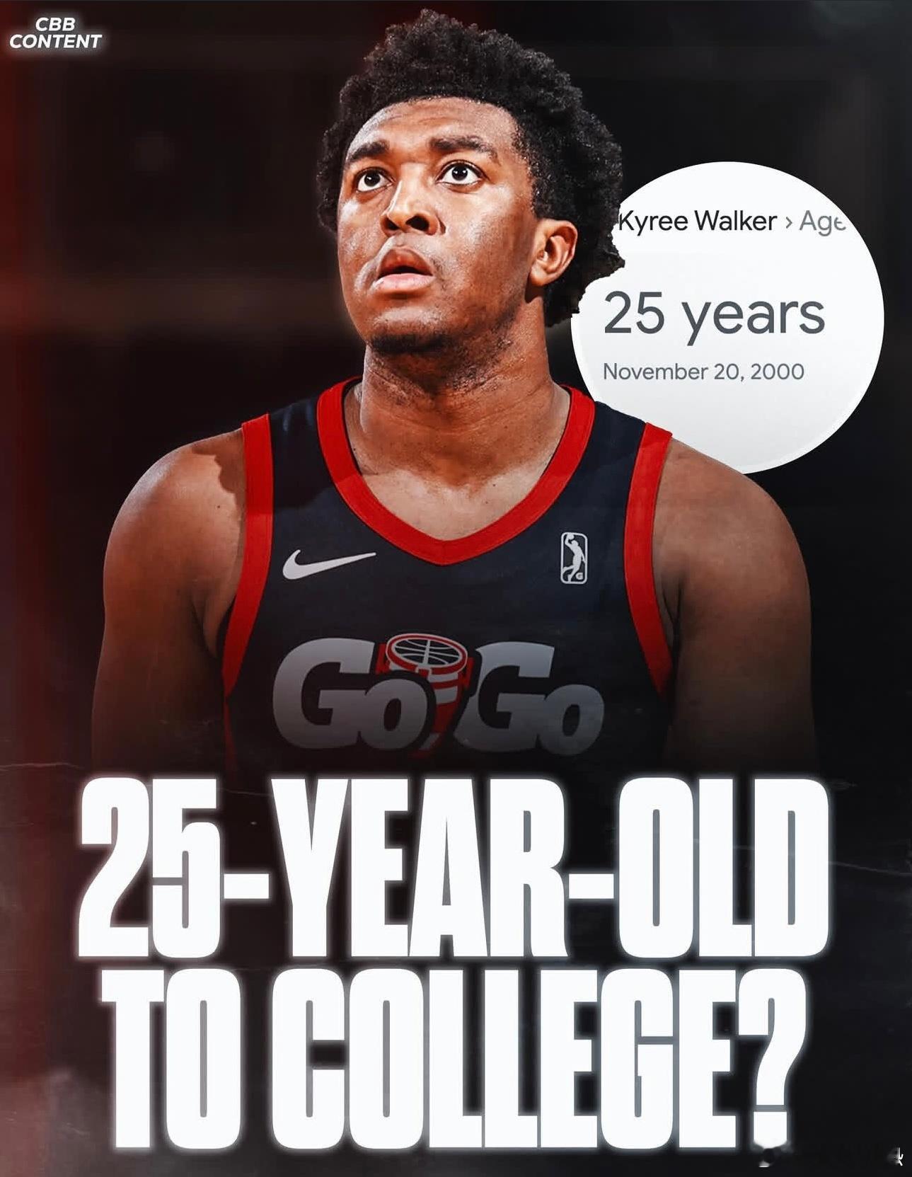 已经年满25岁的Kyree Walker被曝出有资格打大学篮球，路易斯维尔、德州