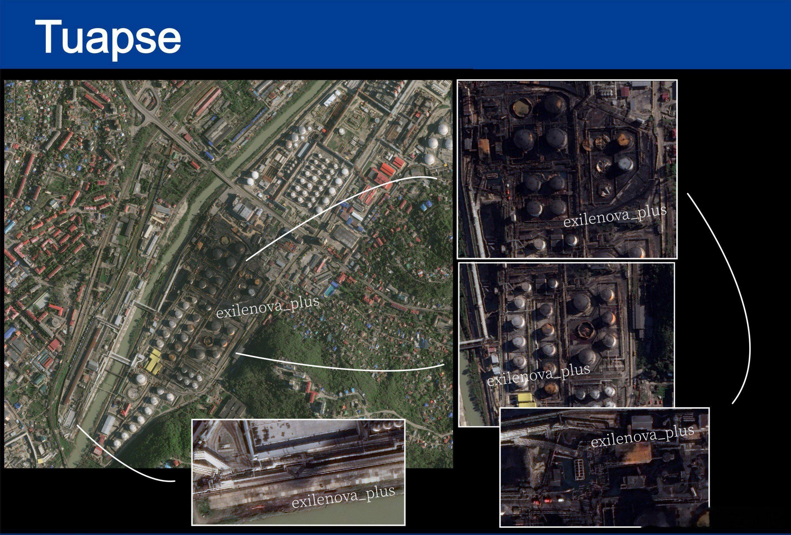 卫星图像显示，俄图阿普谢炼油厂遭受了严重破坏。储罐区已基本被摧毁，此外管道基础设