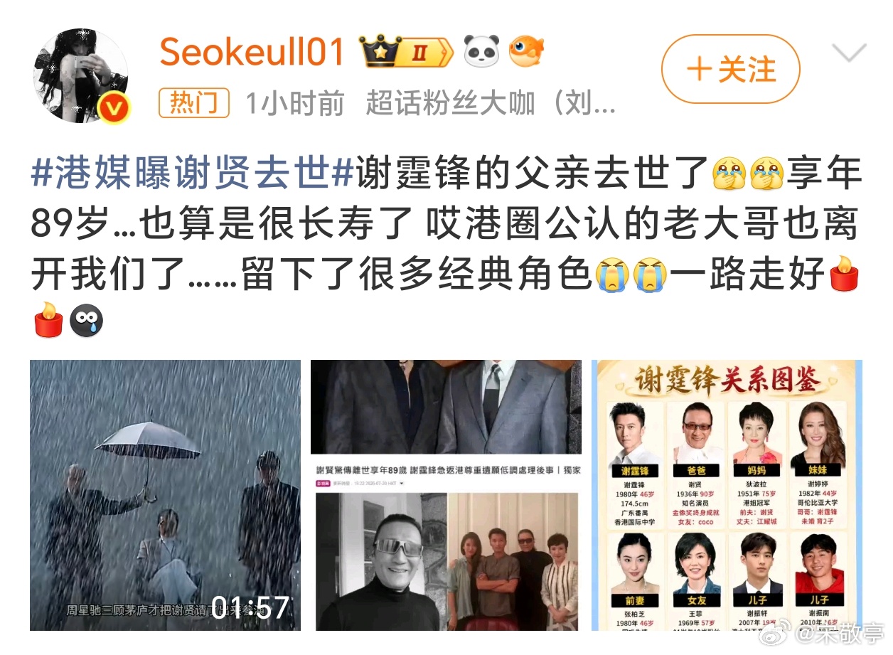 谢贤去世纵横港圈七十余年，也见证了香港电影的起起落落，89岁也算是高龄了。经典长