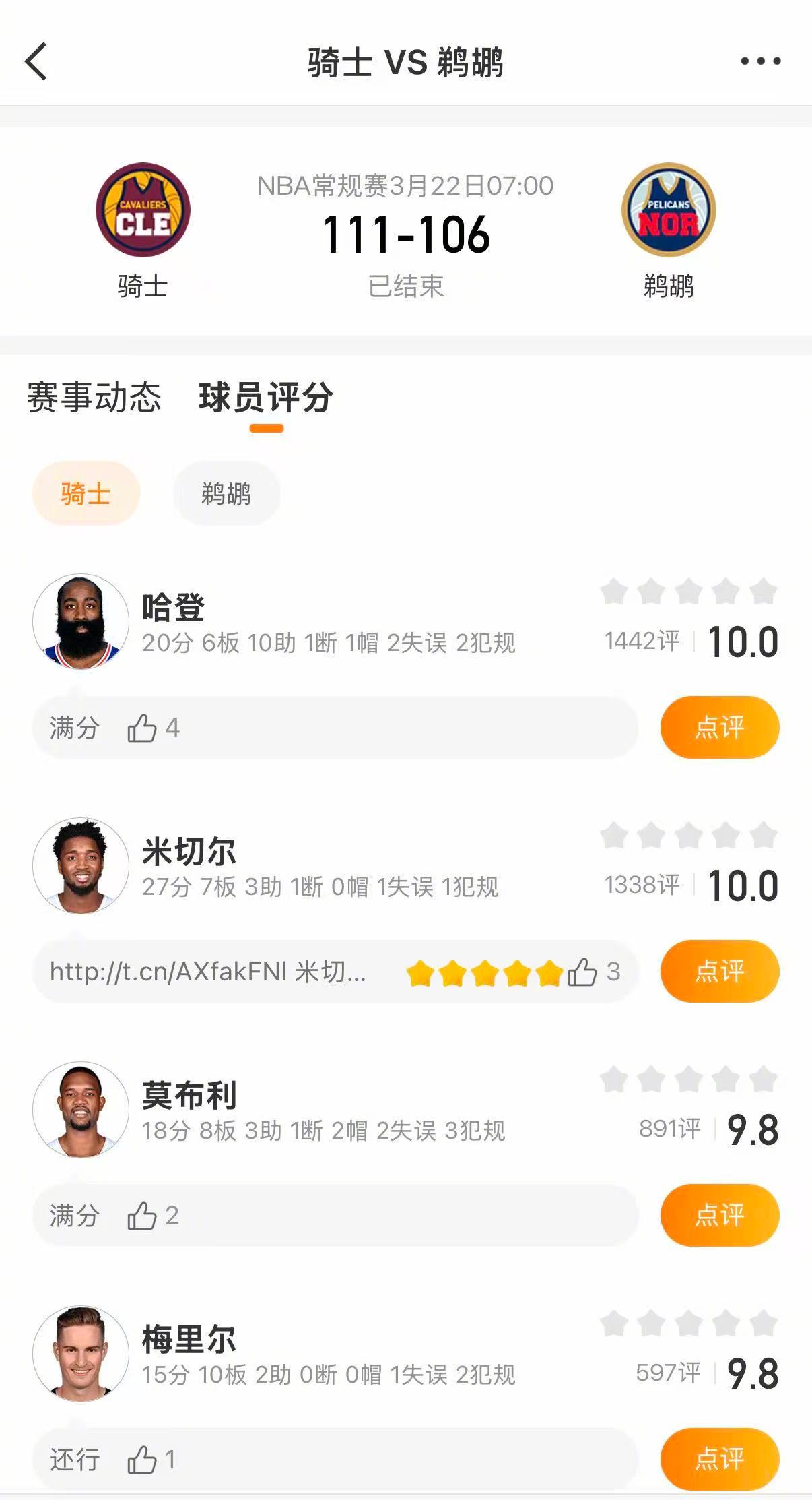 骑士战胜鹈鹕骑士111-106战胜鹈鹕。米切尔27分，哈登20分，莫布利18分。