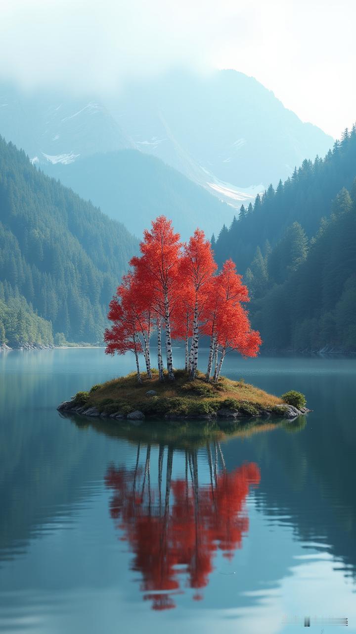 湖中小岛红桦如焰，远山层峦云雾似纱，一汪碧水映尽天地绝色。这藏在深山中的秋之秘境