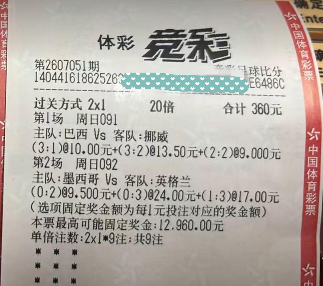 巴西vs挪威、墨西哥vs英格兰，这两场比赛，这样打比分，大家觉得如何？
这张彩票