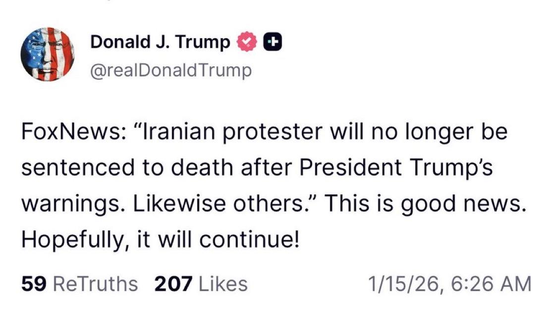 特朗普：“福克斯新闻报道：‘在特朗普总统发出警告后，一名伊朗抗议者将不再被判处死