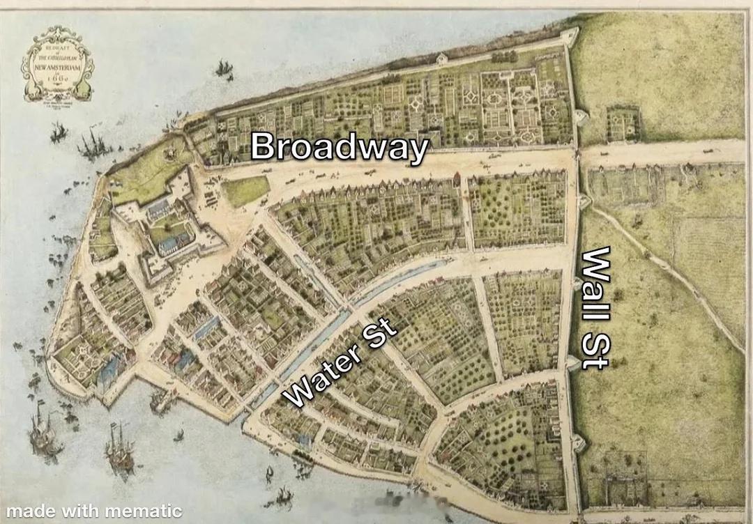 1640 年代，新阿姆斯特丹的荷兰居民建造了一座 12 英尺高的墙。 1664年