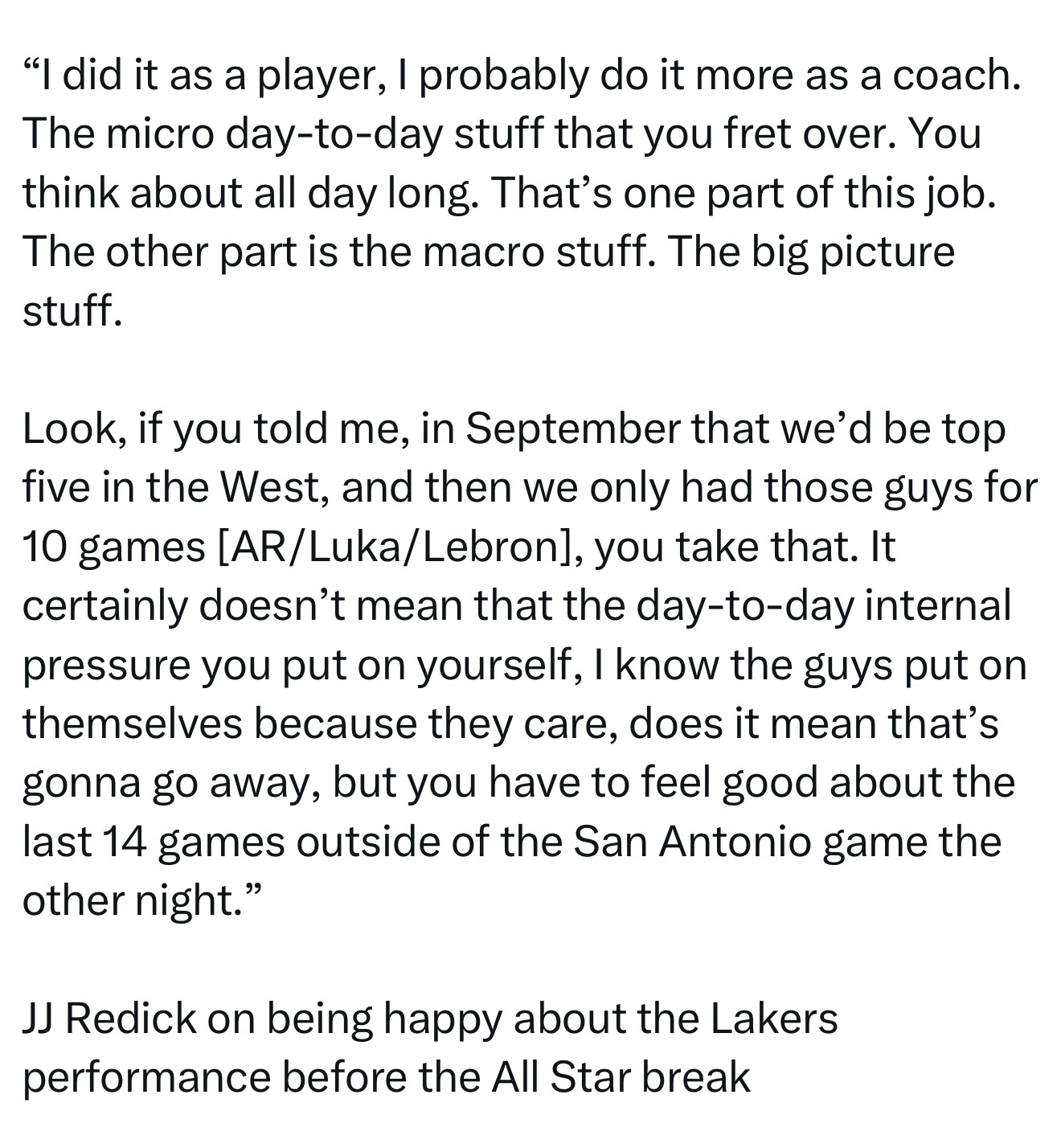 JJ·雷迪克谈他对湖人全明星赛前表现感到满意：“作为球员时我做过，当教练后可能更